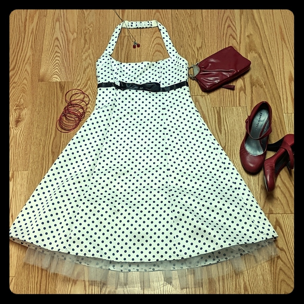 Black and white polka-dot halter dress
